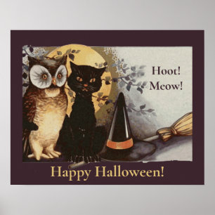 ヴィンテージハロウィーンブラックキャット&フクロウウィッチハットムーン ポスター