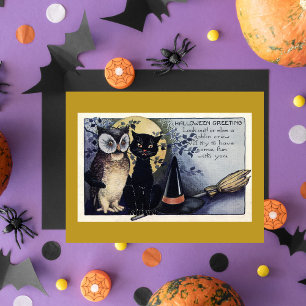 ヴィンテージハロウィーンブラックキャット&フクロウウィッチハットムーン ポストカード