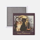 ヴィンテージハロウィーンブラックキャット&フクロウウィッチハットムーン マグネット (正面/裏面)