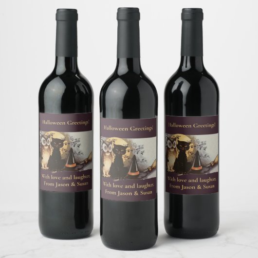 ヴィンテージハロウィーンブラックキャット&フクロウウィッチハットムーン ワインラベル (ボトル)