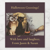 ヴィンテージハロウィーンブラックキャット&フクロウウィッチハットムーン ワインラベル (シングルラベル)