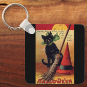 ヴィンテージハロウィーンブラックキャット、魔女の箒と帽子 キーホルダー (正面)