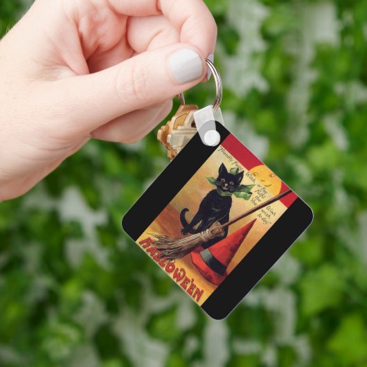 ヴィンテージハロウィーンブラックキャット、魔女の箒と帽子 キーホルダー (手)
