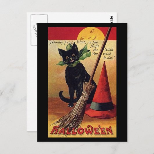 ヴィンテージハロウィーンブラックキャット、魔女の箒と帽子 ポストカード (正面/裏面)
