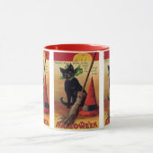 ヴィンテージハロウィーンブラックキャット、魔女の箒と帽子 マグカップ (中央)