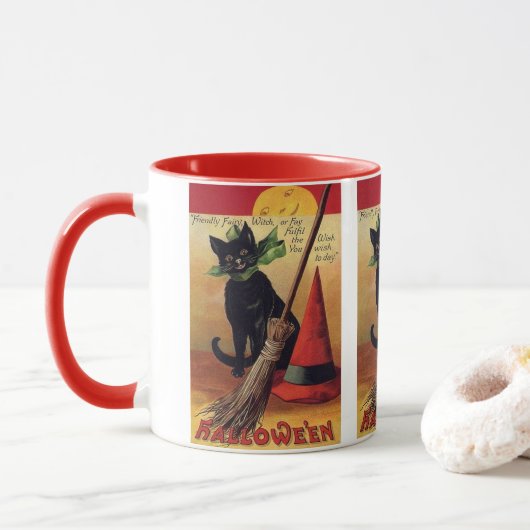 ヴィンテージハロウィーンブラックキャット、魔女の箒と帽子 マグカップ (ドーナツ)