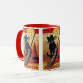 ヴィンテージハロウィーンブラックキャット、魔女の箒と帽子 マグカップ (正面左)