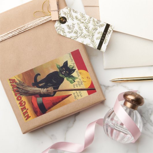 ヴィンテージハロウィーンブラックキャット、魔女の箒と帽子 長方形シール (ギフト)