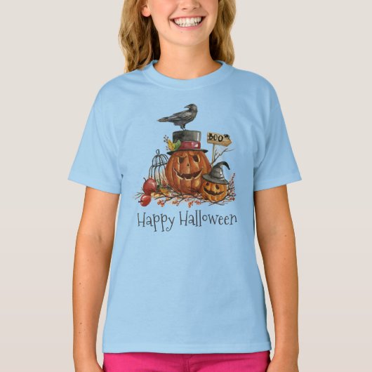 ヴィンテージハロウィーンブラックバードカボチャのスリーブシャツ Tシャツ (正面)