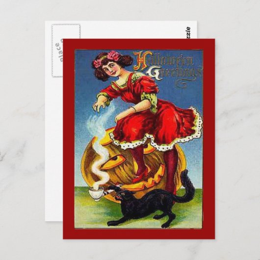 ヴィンテージハロウィーンレディin赤 ポストカード (正面/裏面)
