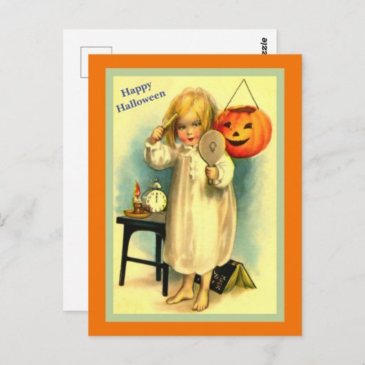 ヴィンテージハロウィーン小さな女の子&ジャックオーランタン ポストカード (正面/裏面)