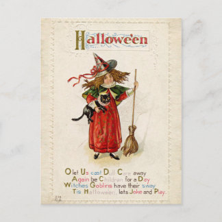 ヴィンテージハロウィーン小さな魔女の子と猫 ポストカード