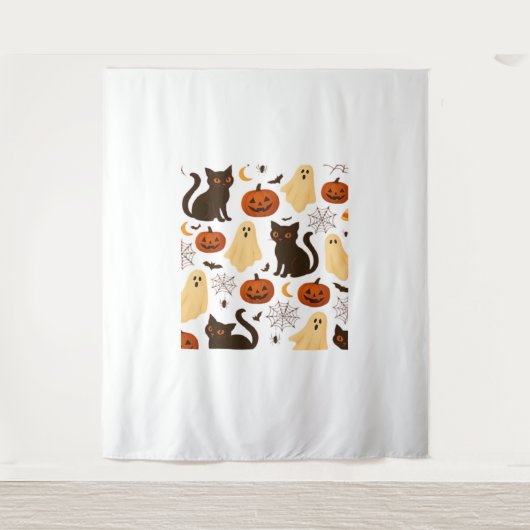 ヴィンテージハロウィーン幽霊&ブラックキャットパターンクラス タペストリー (正面)