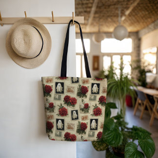 ヴィンテージハロウィーン幽霊&レッドローズ切手 トートバッグ