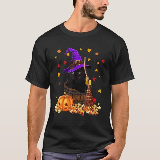ヴィンテージハロウィーン怖い黒猫ウィッチハットムーンW Tシャツ (正面)