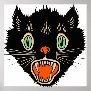 ヴィンテージハロウィーン怖い黒猫 ポスター