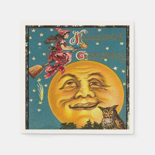 ヴィンテージハロウィーン挨拶ウィッチ飛んでいるオンブロム スタンダードカクテルナプキン (正面)