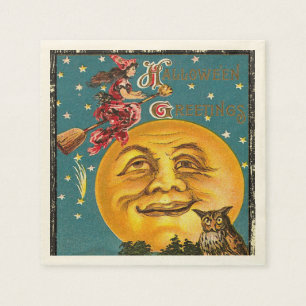 ヴィンテージハロウィーン挨拶ウィッチ飛んでいるオンブロム スタンダードカクテルナプキン