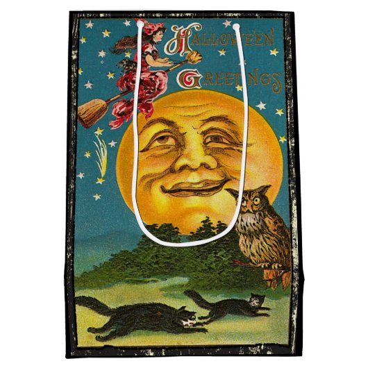 ヴィンテージハロウィーン挨拶ウィッチ飛んでいるオンブロム ミディアムペーパーバッグ (裏面)