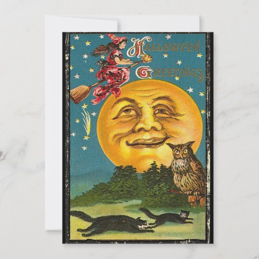 ヴィンテージハロウィーン挨拶ウィッチ飛んでいるオンブロム 招待状 (正面)