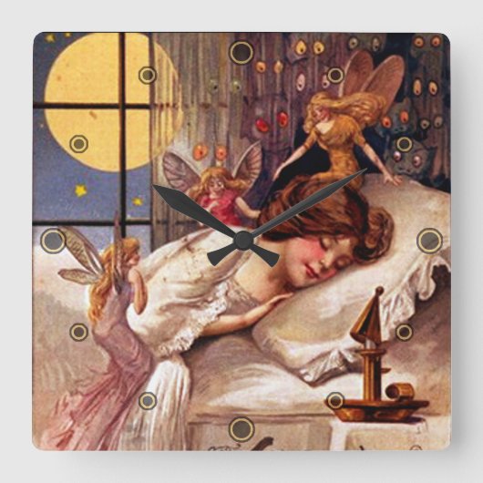 ヴィンテージハロウィーン時間妖精の国と眠る女の子 スクエア壁時計 (正面)
