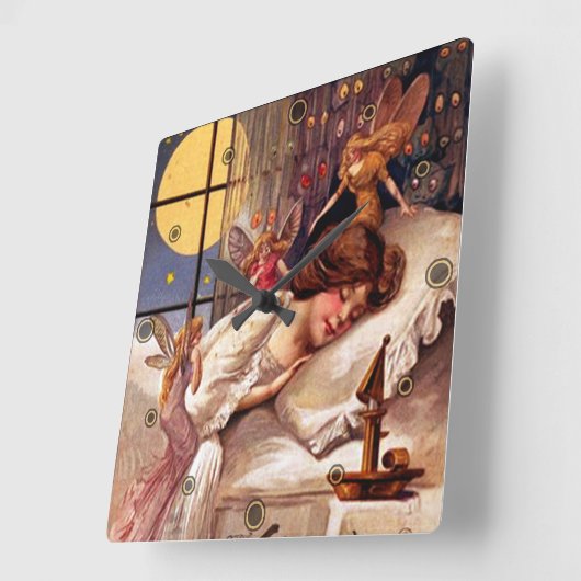 ヴィンテージハロウィーン時間妖精の国と眠る女の子 スクエア壁時計 (傾斜)