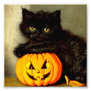 ヴィンテージハロウィーン猫とジャック・オランタン フォトプリント