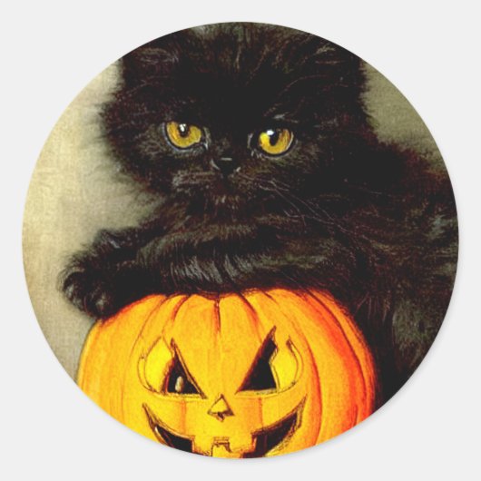 ヴィンテージハロウィーン猫とジャック・オランタン ラウンドシール (正面)