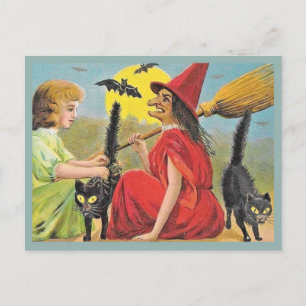 ヴィンテージハロウィーン赤い魔女とこうもり&黒猫 ポストカード