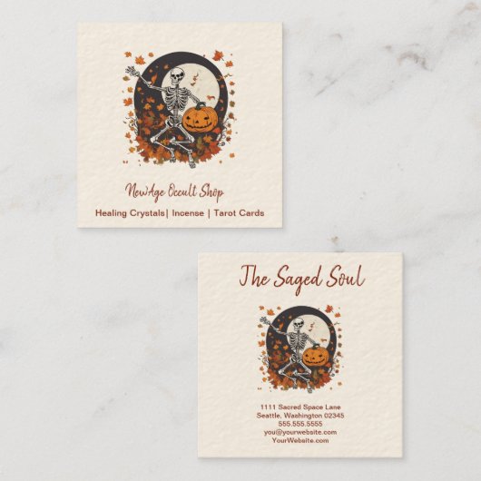 ヴィンテージハロウィーン踊りスケルトンオカルトショップ スクエア名刺 (正面/裏面)