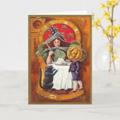 ヴィンテージハロウィーン魔女とカボチャ頭の少年 カード (黄色い花)