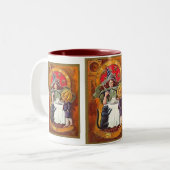 ヴィンテージハロウィーン魔女とカボチャ頭の少年 ツートーンマグカップ (正面左)