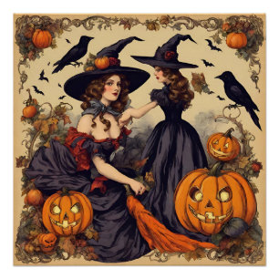 ヴィンテージハロウィーン魔女とジャック・オ・ランタン ポスター