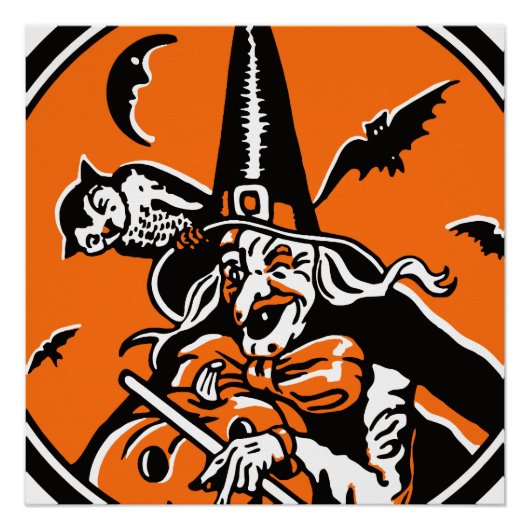 ヴィンテージハロウィーン魔女とフクロウイラストレーション ポスター (正面)