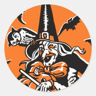 ヴィンテージハロウィーン魔女とフクロウイラストレーション ラウンドシール