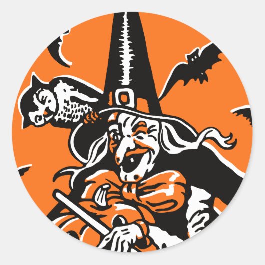 ヴィンテージハロウィーン魔女とフクロウイラストレーション ラウンドシール (正面)