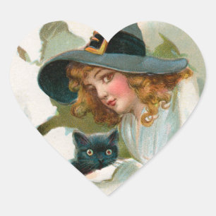ヴィンテージハロウィーン魔女と子猫シール ハートシール