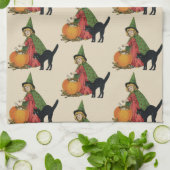 ヴィンテージハロウィーン魔女と猫エレンクラッサドル キッチンタオル (折り畳み)