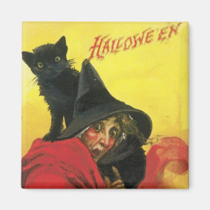 ヴィンテージハロウィーン魔女と猫 マグネット