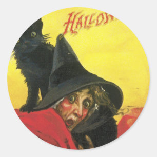 ヴィンテージハロウィーン魔女と猫 ラウンドシール