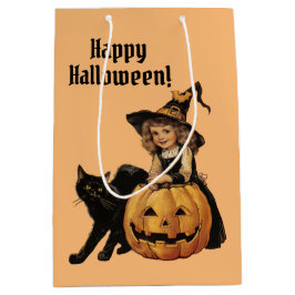ヴィンテージハロウィーン魔女と黒猫とカボチャ ミディアムペーパーバッグ