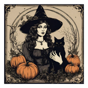 ヴィンテージハロウィーン魔女と黒猫カボチャ ポスター