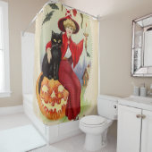 ヴィンテージハロウィーン魔女と黒猫 シャワーカーテン (インサイチュ)