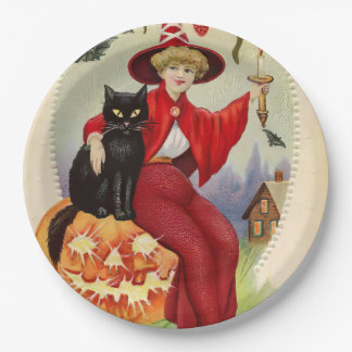 ヴィンテージハロウィーン魔女と黒猫 ペーパープレート
