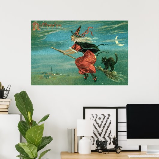 ヴィンテージハロウィーン魔女と黒猫 ポスター (ホームオフィス)