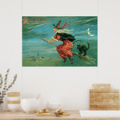 ヴィンテージハロウィーン魔女と黒猫 ポスター (キッチン)