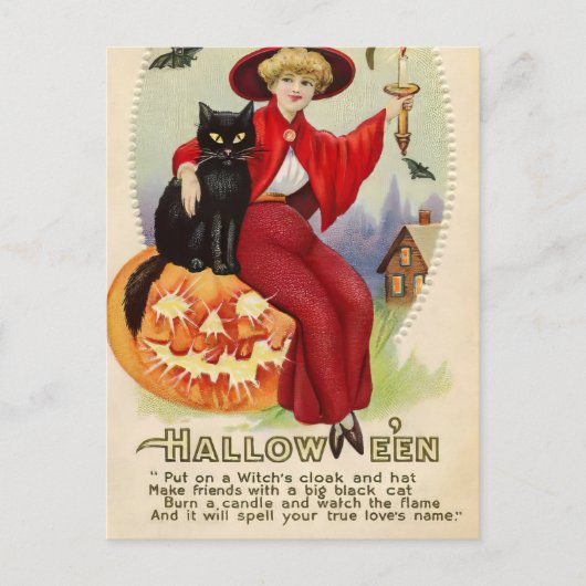 ヴィンテージハロウィーン魔女と黒猫 ポストカード (正面)
