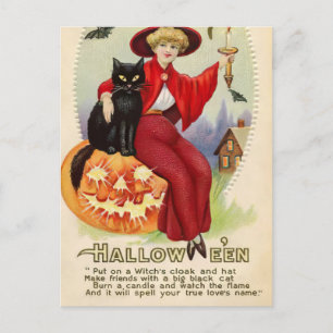 ヴィンテージハロウィーン魔女と黒猫 ポストカード