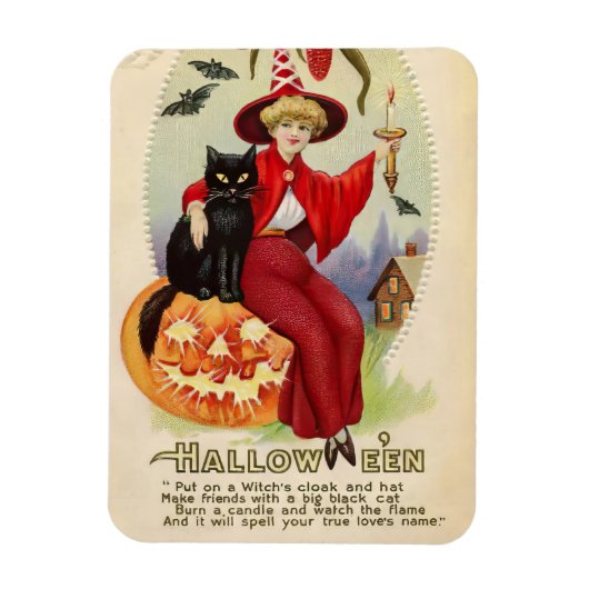 ヴィンテージハロウィーン魔女と黒猫 マグネット (縦)