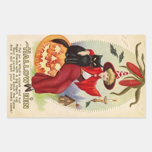 ヴィンテージハロウィーン魔女と黒猫 長方形シール (正面)